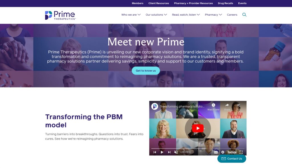 Prime Therapeutics homepage featuring their new brand identity and vision, with a headline 'Meet new Prime' and a 'Get to know us' button. A grid of diverse individuals appears in the background, alongside a video thumbnail promoting their pharmacy benefits management transformation.